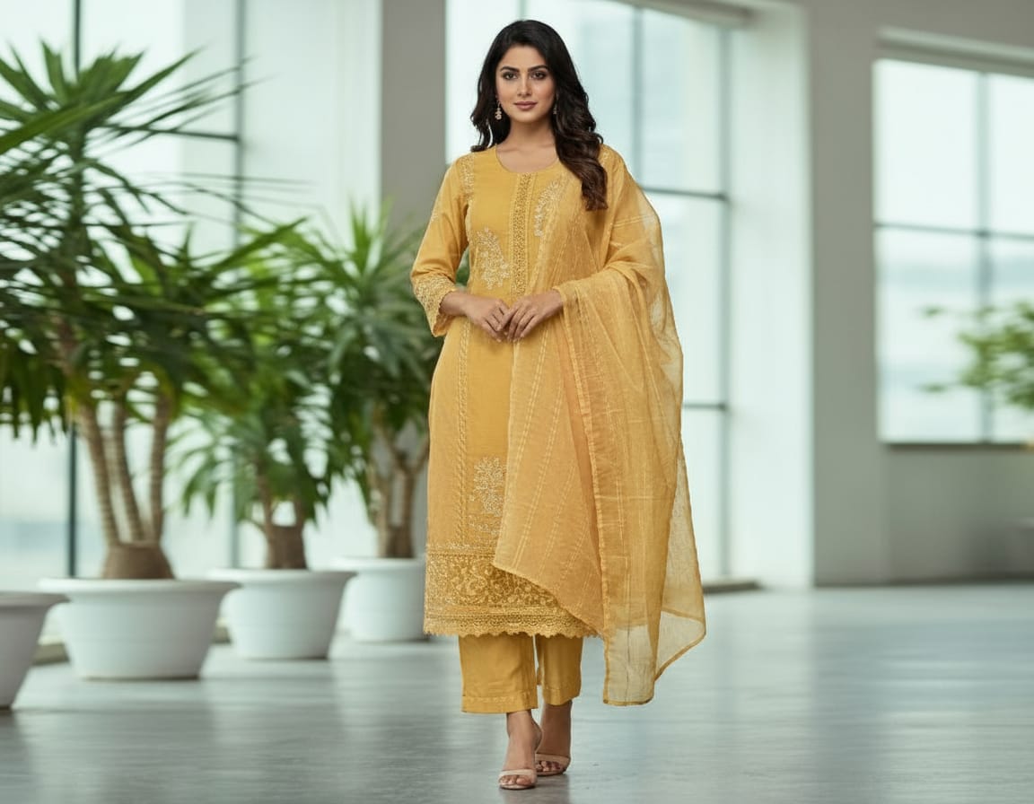 Bright Yellow Embroidered Kurti Pant Dupatta Set | Festive & Party Wear Ethnic Suit for Women