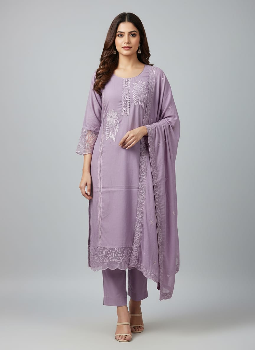 Elegant Purple Embroidered Kurti and Bottomwear  with  Dupatta