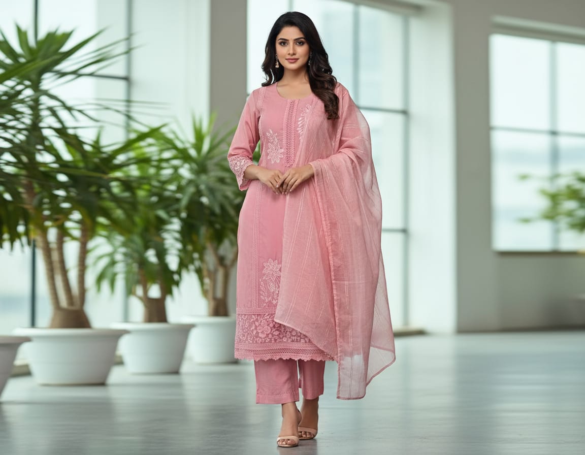 Elegant Pink Embroidered Kurti Set with Dupatta