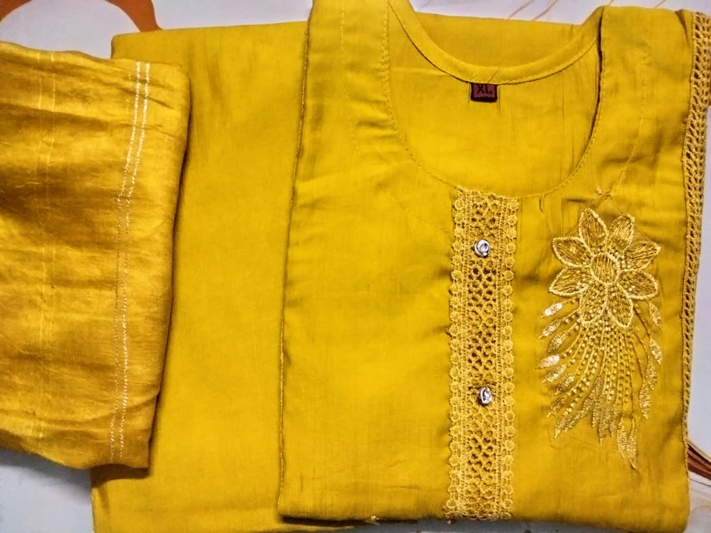 Bright Yellow Embroidered Kurti Pant Dupatta Set | Festive & Party Wear Ethnic Suit for Women